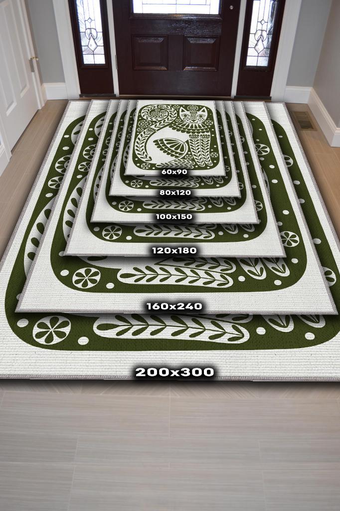 Çinili Kedi,Yeşil Renkli Kedi Desenli Modern,Pamuklu Dokuma Tabanlı Yıkanabilir Dekoratif Bej Kedi Sever Halısı