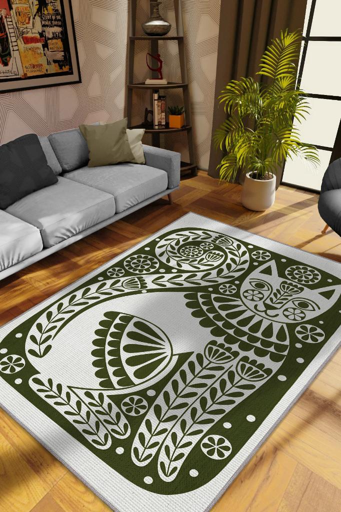 Çinili Kedi,Yeşil Renkli Kedi Desenli Modern,Pamuklu Dokuma Tabanlı Yıkanabilir Dekoratif Bej Kedi Sever Halısı