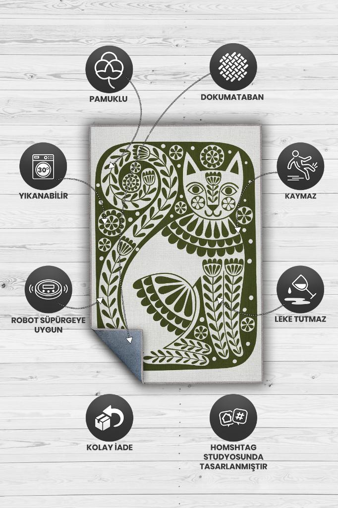 Çinili Kedi,Yeşil Renkli Kedi Desenli Modern,Pamuklu Dokuma Tabanlı Yıkanabilir Dekoratif Bej Kedi Sever Halısı