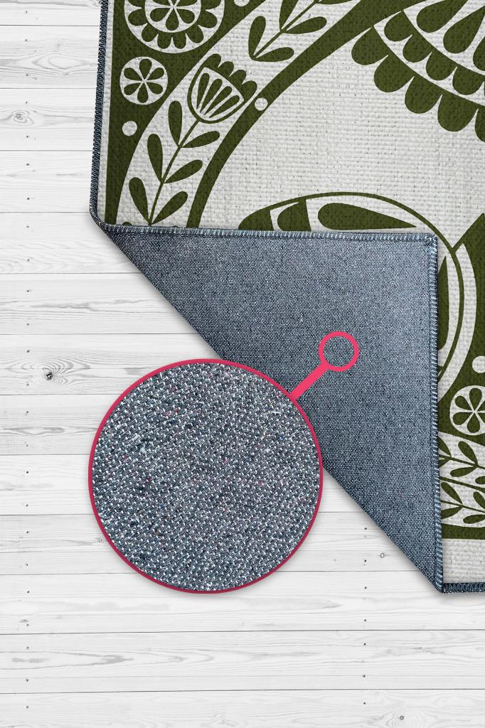 Çinili Kedi,Yeşil Renkli Kedi Desenli Modern,Pamuklu Dokuma Tabanlı Yıkanabilir Dekoratif Bej Kedi Sever Halısı