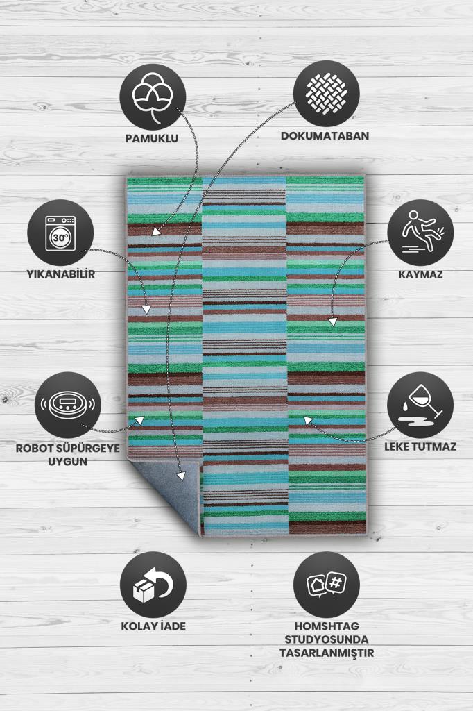 Çizili Mavi Renkli Halı Mutfak Halısı Çizgili Oturma Odası Halısı Retro Tarzı Salon Halısı