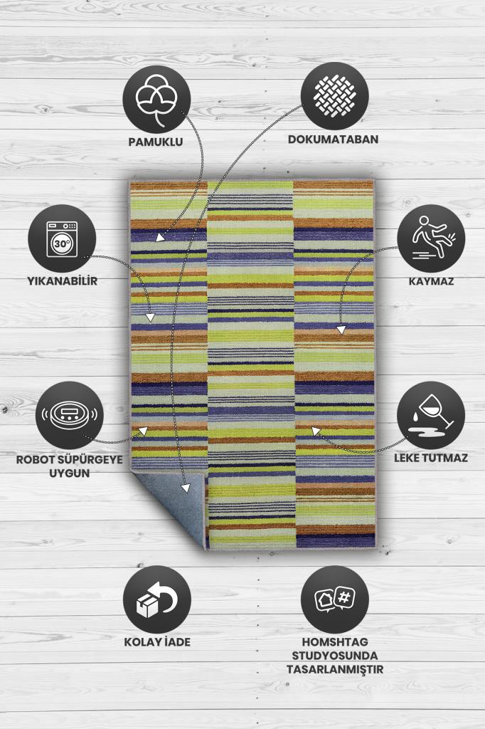 Çizili Yeşil Renkli Halı Mutfak Halısı Çizgili Oturma Odası Halısı Retro Tarzı Salon Halısı