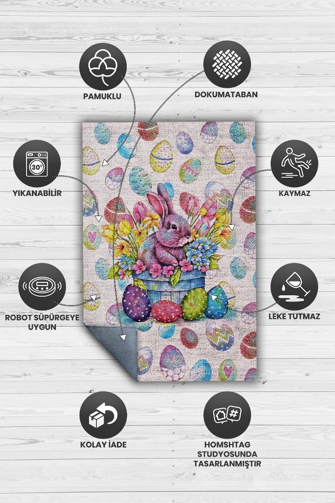 Çocuk Odası Halısı Modern Çok Renkli Çocuk Halısı Yumurta Tavşan Figürlü Çocuk Halısı