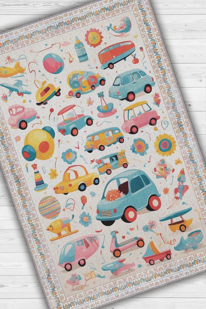 Çok Renkli Dokulu Çocuk Odası Halısı Dokuma Rustik Çocuk Halısı Araba Temalı Halı