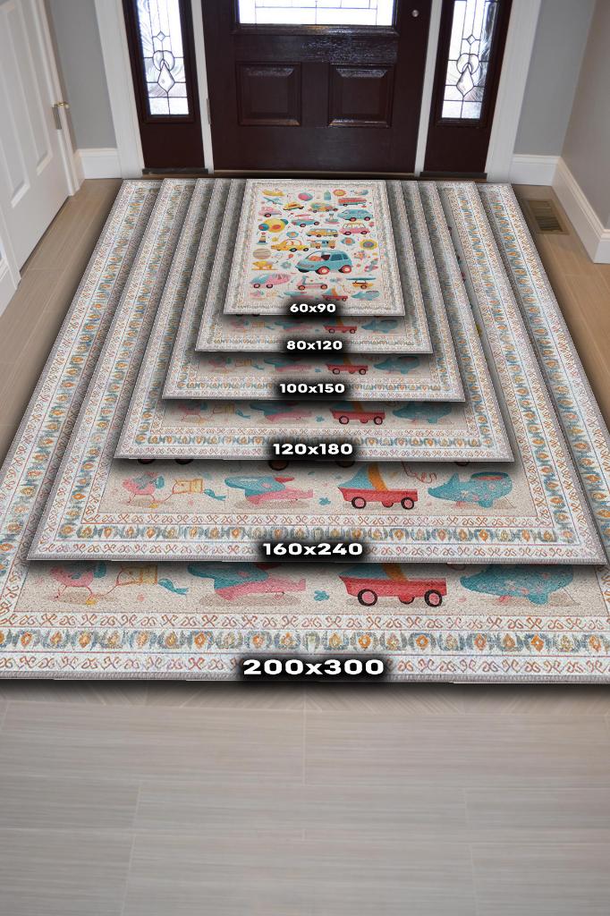 Çok Renkli Dokulu Çocuk Odası Halısı Dokuma Rustik Çocuk Halısı Araba Temalı Halı