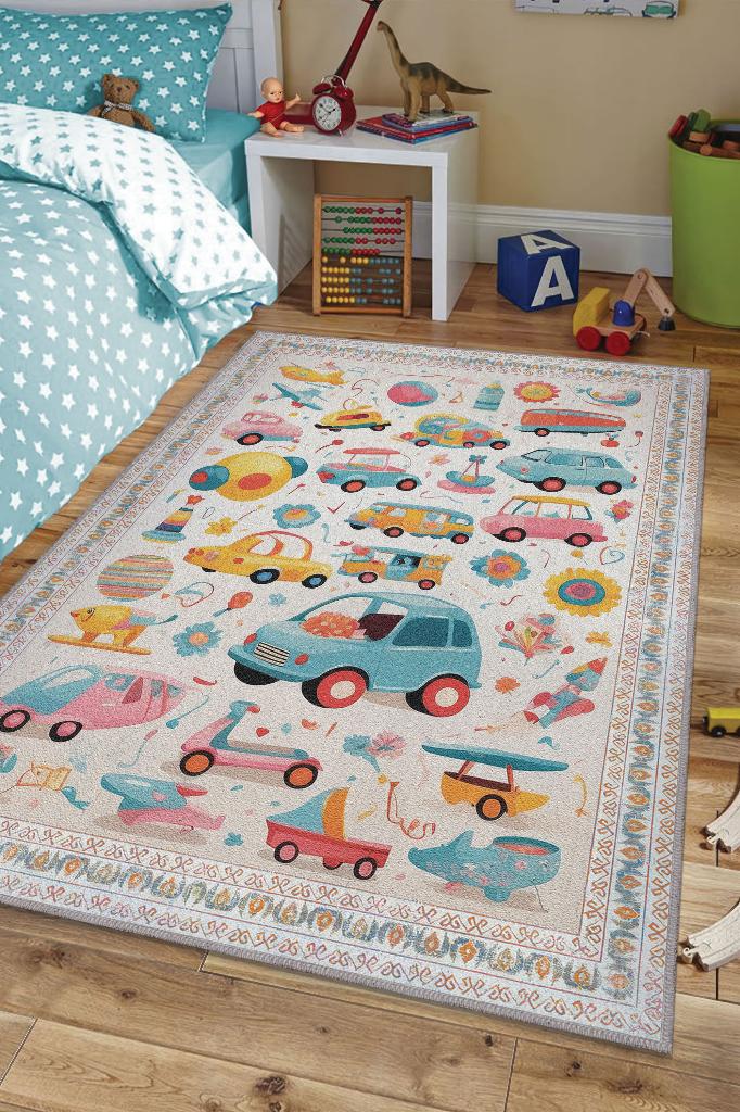 Çok Renkli Dokulu Çocuk Odası Halısı Dokuma Rustik Çocuk Halısı Araba Temalı Halı