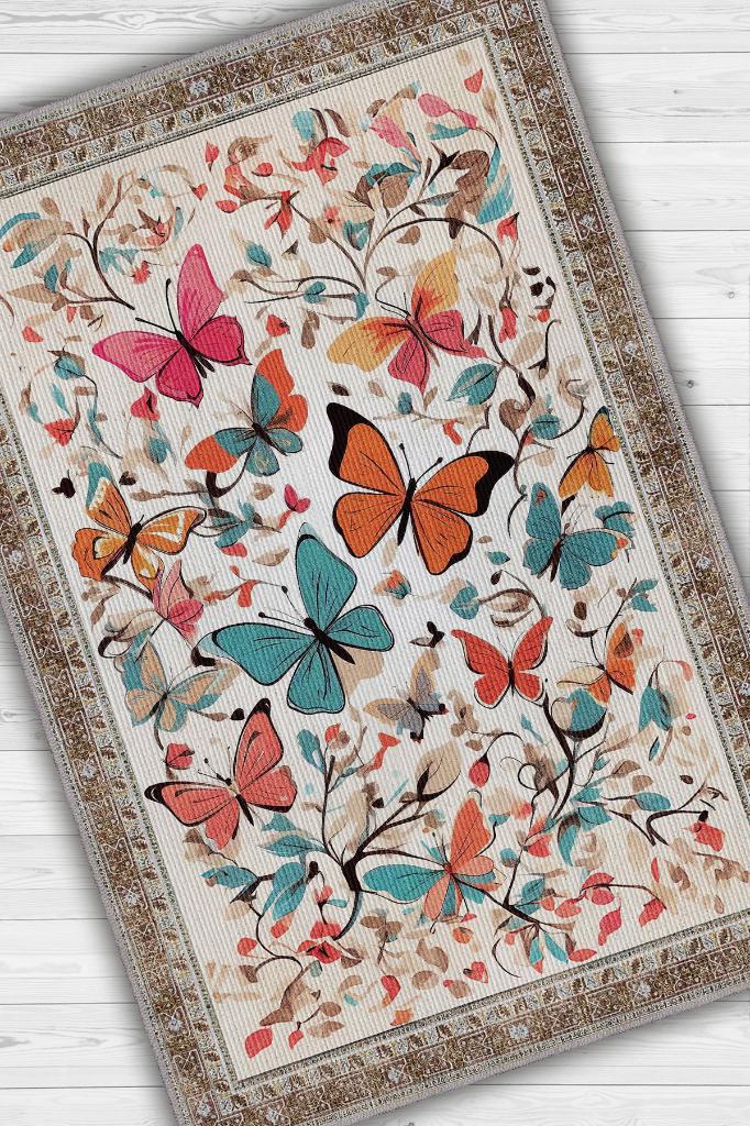 Çok Renkli Dokulu Çocuk Odası Halısı Dokuma Rustik Çocuk Halısı Kelebek Temalı Halı