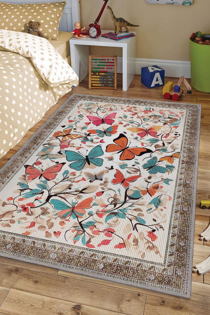 Çok Renkli Dokulu Çocuk Odası Halısı Dokuma Rustik Çocuk Halısı Kelebek Temalı Halı