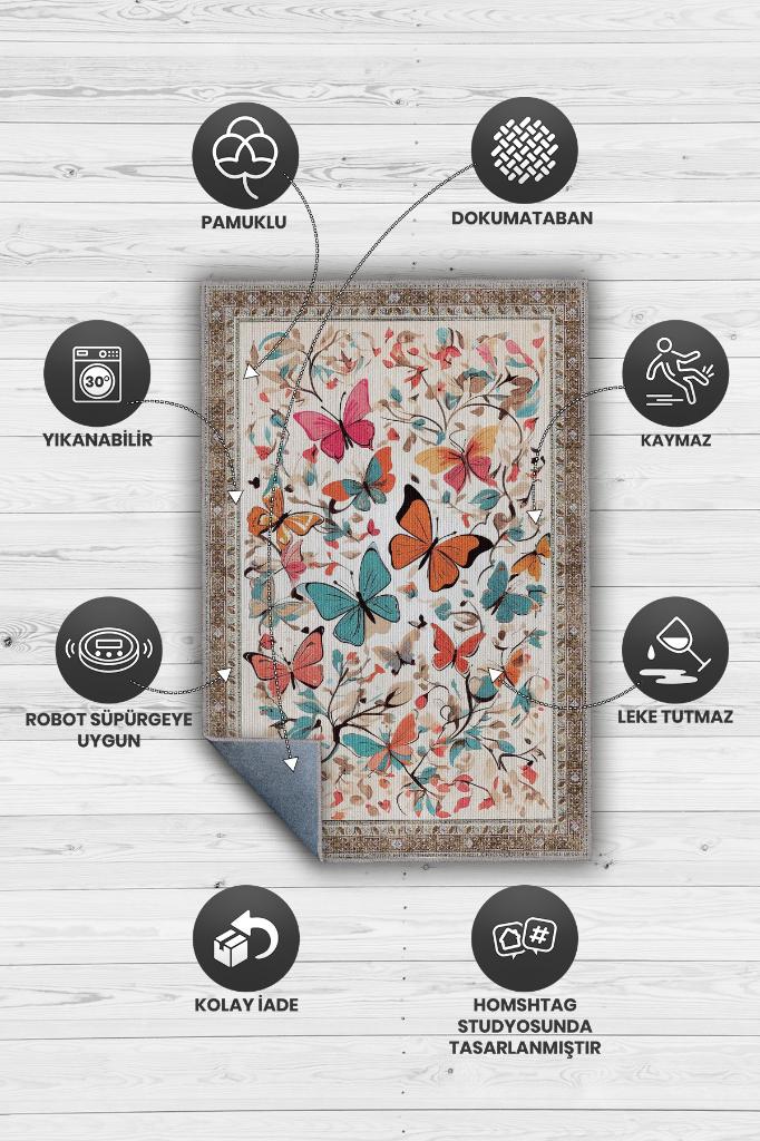 Çok Renkli Dokulu Çocuk Odası Halısı Dokuma Rustik Çocuk Halısı Kelebek Temalı Halı