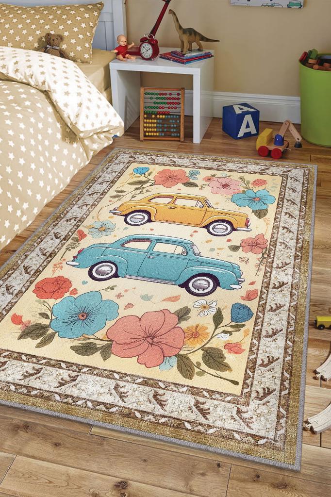 Çok Renkli Dokulu Çocuk Odası Halısı Dokuma Rustik Çocuk Halısı Modern Araba Temalı Halı