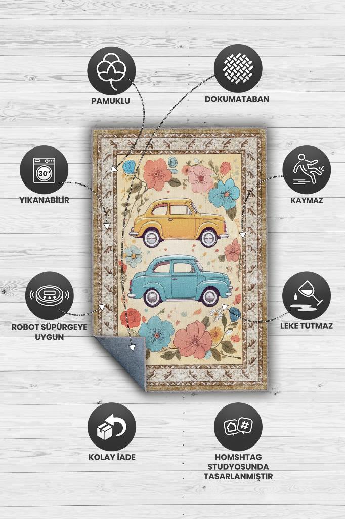 Çok Renkli Dokulu Çocuk Odası Halısı Dokuma Rustik Çocuk Halısı Modern Araba Temalı Halı