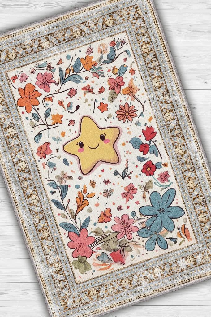 Çok Renkli Dokulu Çocuk Odası Halısı Dokuma Rustik Çocuk Halısı Yıldız Çiçek Temalı Halı