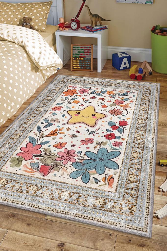 Çok Renkli Dokulu Çocuk Odası Halısı Dokuma Rustik Çocuk Halısı Yıldız Çiçek Temalı Halı