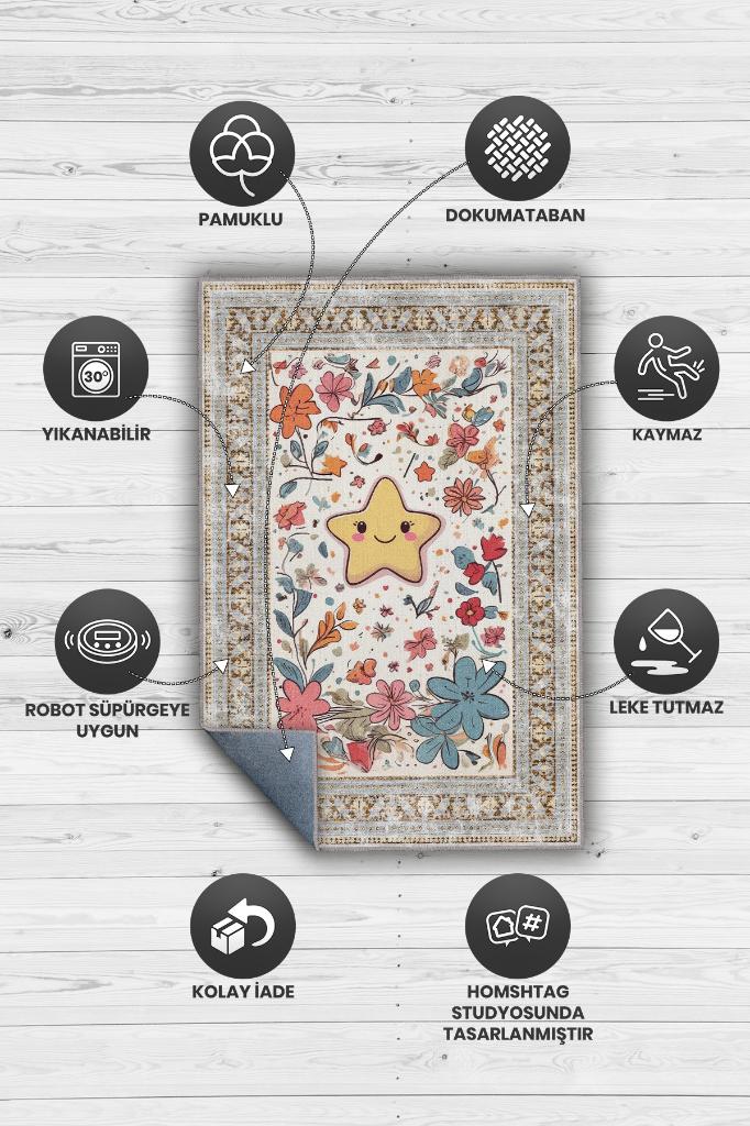 Çok Renkli Dokulu Çocuk Odası Halısı Dokuma Rustik Çocuk Halısı Yıldız Çiçek Temalı Halı