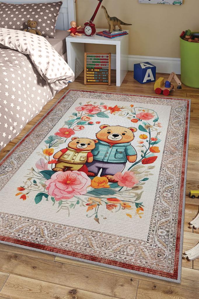 Çok Renkli Halı Dokulu Çocuk Odası Halısı Etnik Desenli Çocuk Halısı Çiçek Temalı Halı