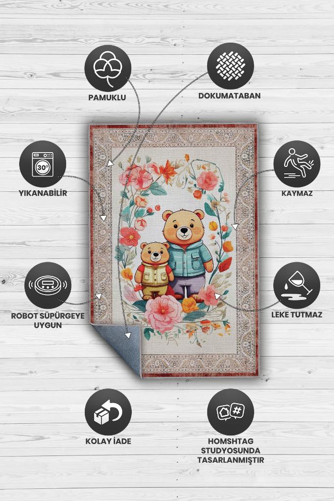 Çok Renkli Halı Dokulu Çocuk Odası Halısı Etnik Desenli Çocuk Halısı Çiçek Temalı Halı