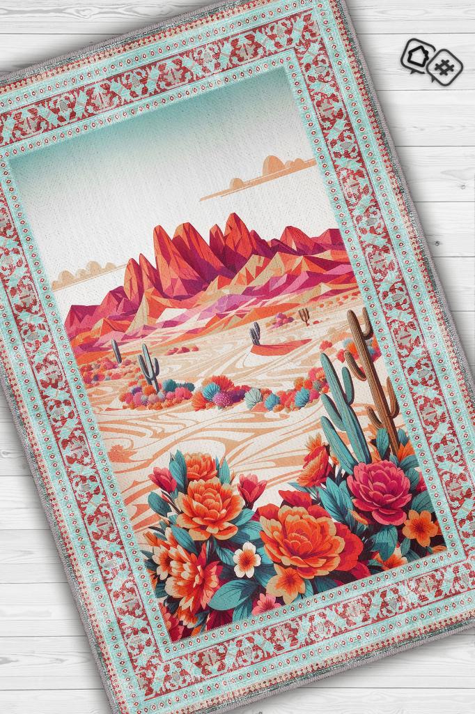 Çöl Manzarası Temalı Salon Halısı Çiçek Desenli Çok Renkli Etnik Oturma Odası Halısı