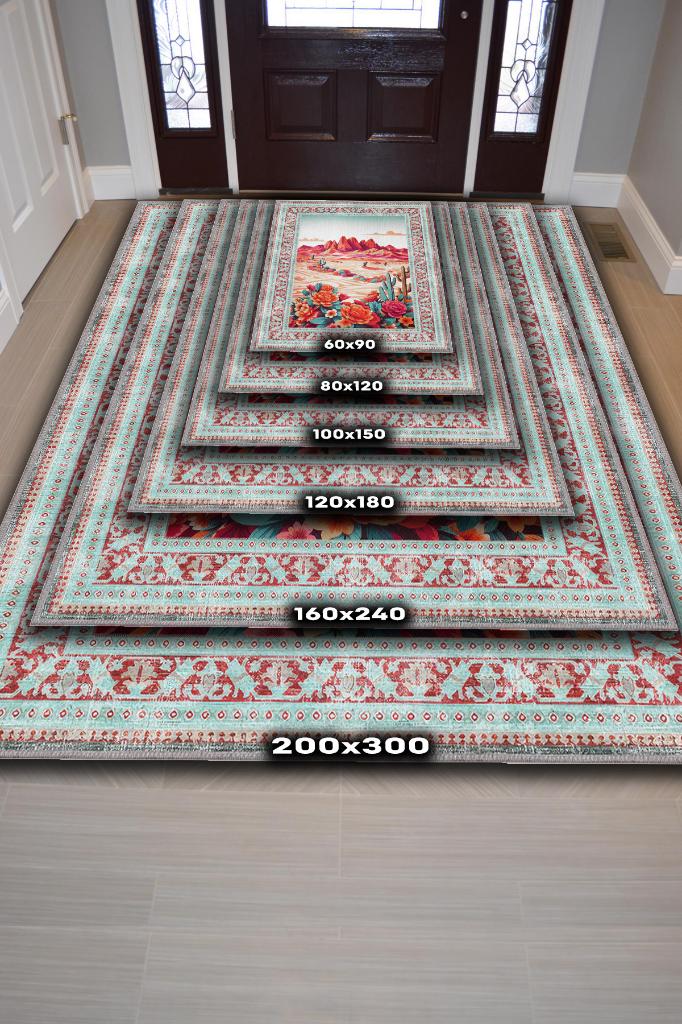 Çöl Manzarası Temalı Salon Halısı Çiçek Desenli Çok Renkli Etnik Oturma Odası Halısı