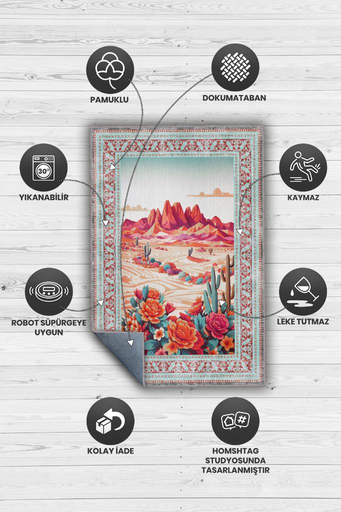 Çöl Manzarası Temalı Salon Halısı Çiçek Desenli Çok Renkli Etnik Oturma Odası Halısı