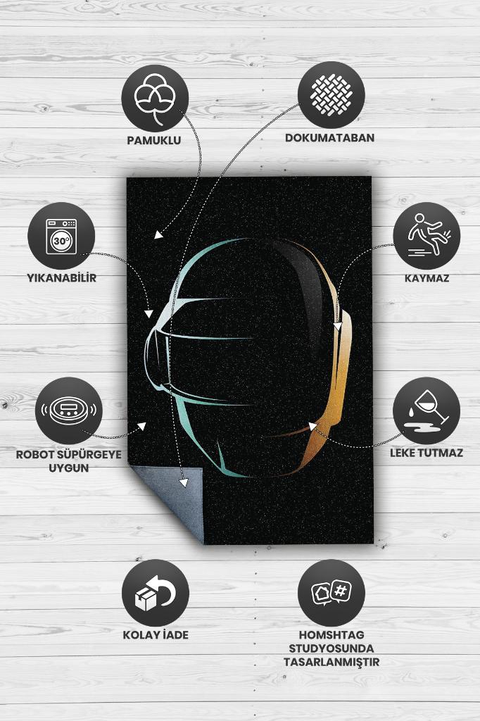 Daft Punk Koyu Renkli Siyah Halı Müzik Sever Halısı Müzisyine Hediyelik Halı Art Müzik Halı