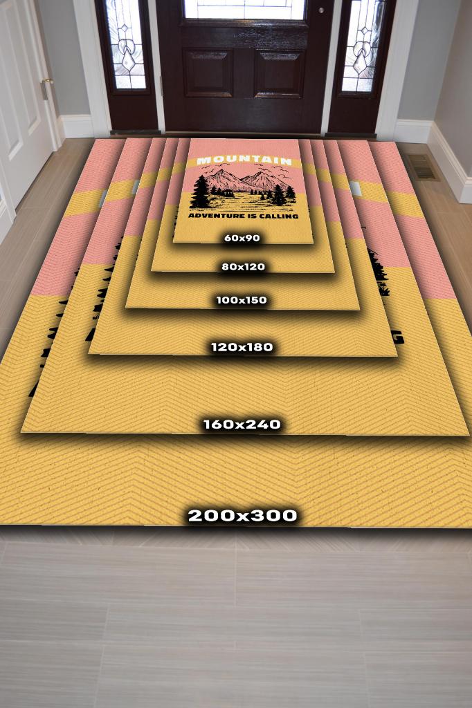 Dağ Seni Çağırıyor, Karavan Halısı, Macera Temalı Renkli Halı, Çadır Halısı, Kampçı Halısı, Seyahat Temalı Halı, Pamuklu Dokuma Tabanlı Yıkanabilir Dekoratif Halı