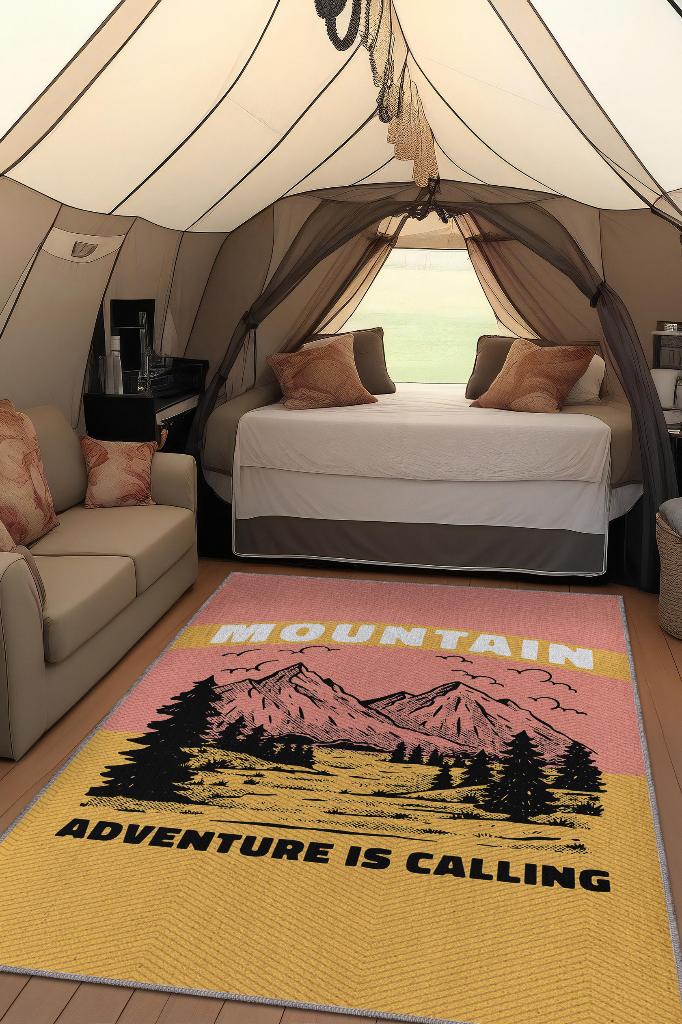 Dağ Seni Çağırıyor, Karavan Halısı, Macera Temalı Renkli Halı, Çadır Halısı, Kampçı Halısı, Seyahat Temalı Halı, Pamuklu Dokuma Tabanlı Yıkanabilir Dekoratif Halı