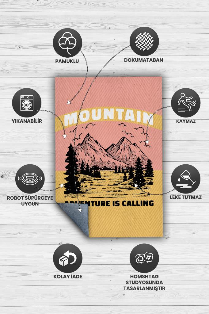 Dağ Seni Çağırıyor, Karavan Halısı, Macera Temalı Renkli Halı, Çadır Halısı, Kampçı Halısı, Seyahat Temalı Halı, Pamuklu Dokuma Tabanlı Yıkanabilir Dekoratif Halı