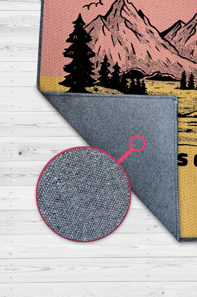 Dağ Seni Çağırıyor, Karavan Halısı, Macera Temalı Renkli Halı, Çadır Halısı, Kampçı Halısı, Seyahat Temalı Halı, Pamuklu Dokuma Tabanlı Yıkanabilir Dekoratif Halı