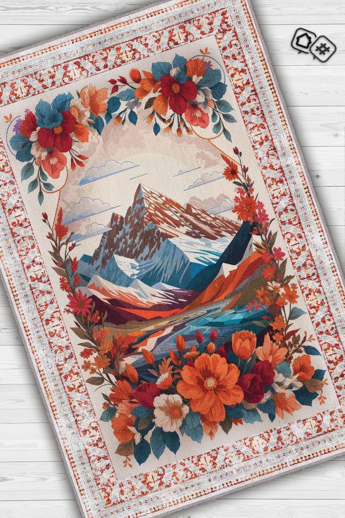 Dağ Temalı Salon Halısı Geometrik Desenli Çok Renkli Halı Etnik Desenli Oturma Odası Halısı