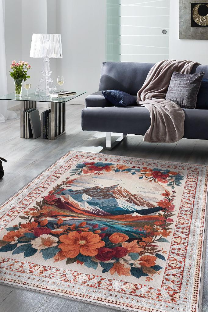 Dağ Temalı Salon Halısı Geometrik Desenli Çok Renkli Halı Etnik Desenli Oturma Odası Halısı