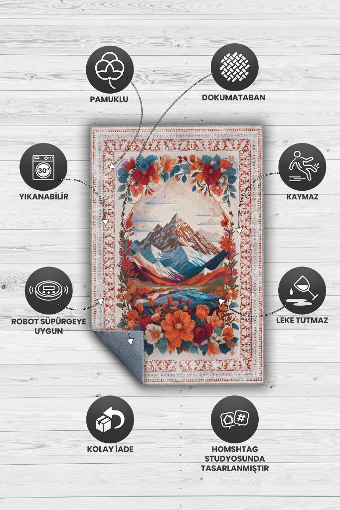 Dağ Temalı Salon Halısı Geometrik Desenli Çok Renkli Halı Etnik Desenli Oturma Odası Halısı