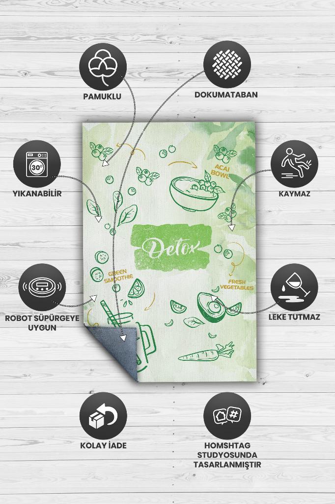 Detox Yeşil Renk Diyetisyen Halı Minimal Diyetisyen Ofisine Diyetisyen Temalı Hediye Halı
