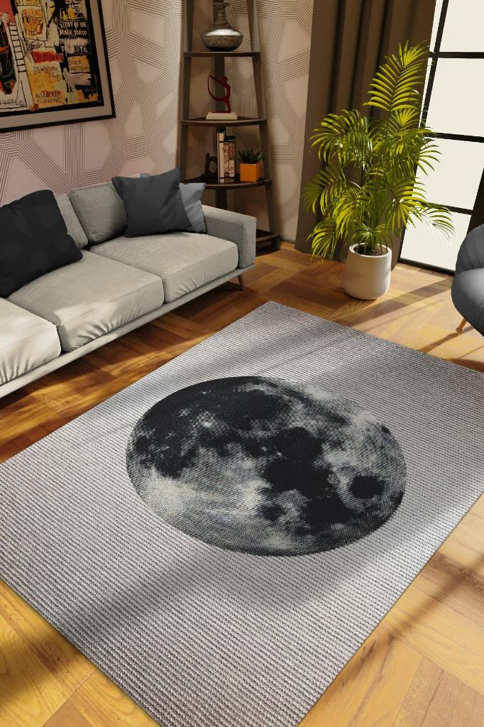 Dolunay Gri Renkli Halı Dokulu Salon Halısı Minimal Genç Odası Halısı Gökyüzü Temalı Halı