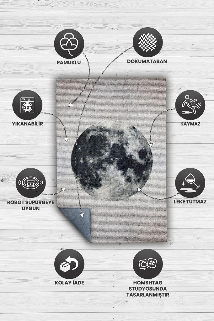 Dolunay Gri Renkli Halı Dokulu Salon Halısı Minimal Genç Odası Halısı Gökyüzü Temalı Halı