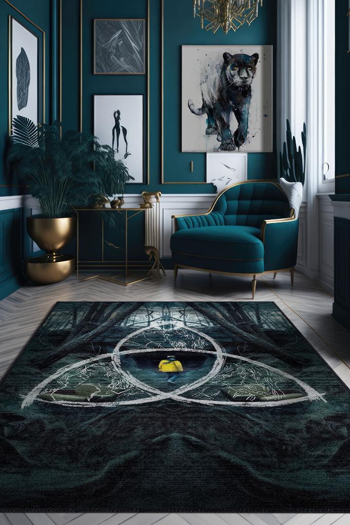 Döngü Desenli Halı Dark Film Halısı Siyah Sarı Film Halısı Modern Dokulu Dark Konsept Halı