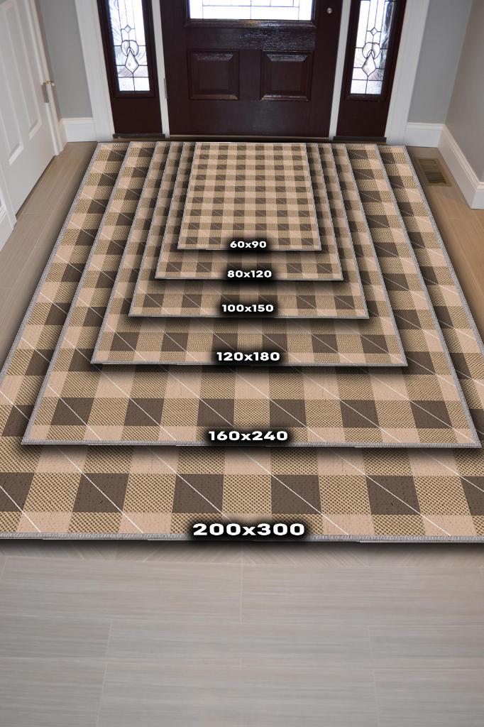 Homshtag Ekose Desenli Halı Kahve Krem Renk Salon Halısı Tasarım Halı Hasır Görünümlü Ekose Halı