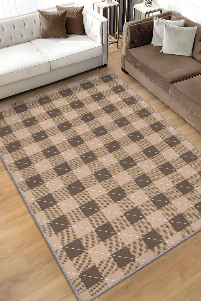 Homshtag Ekose Desenli Halı Kahve Krem Renk Salon Halısı Tasarım Halı Hasır Görünümlü Ekose Halı