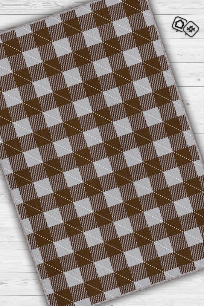 Homshtag Ekose Desenli Halı Kahverengi Gri Renk Salon Halısı Tasarım Halı Hasır Görünümlü Ekose Halı