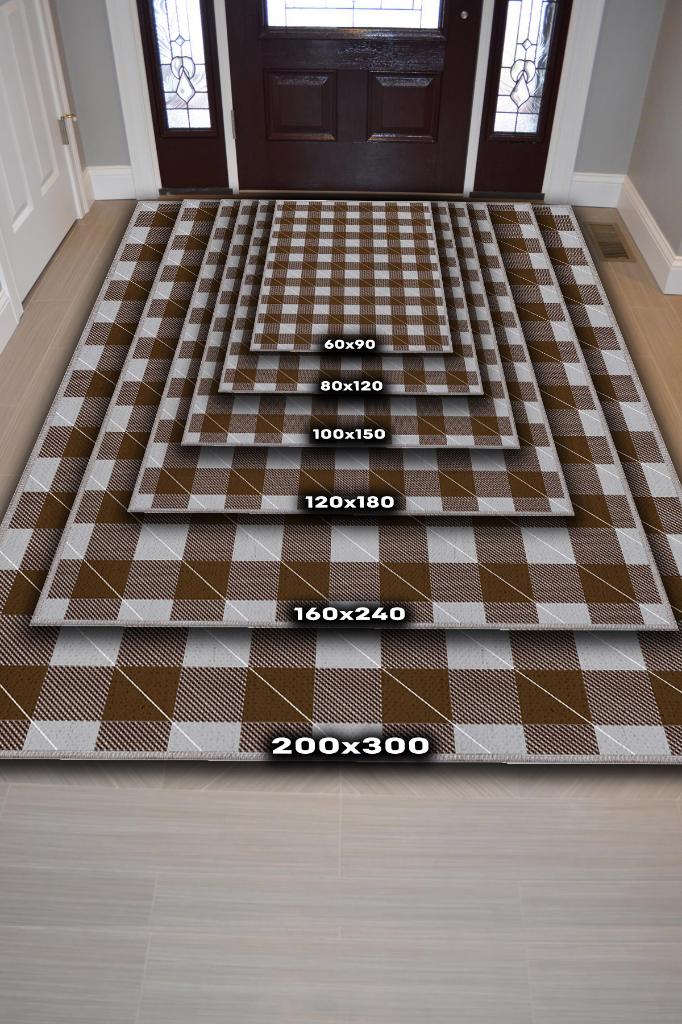 Homshtag Ekose Desenli Halı Kahverengi Gri Renk Salon Halısı Tasarım Halı Hasır Görünümlü Ekose Halı