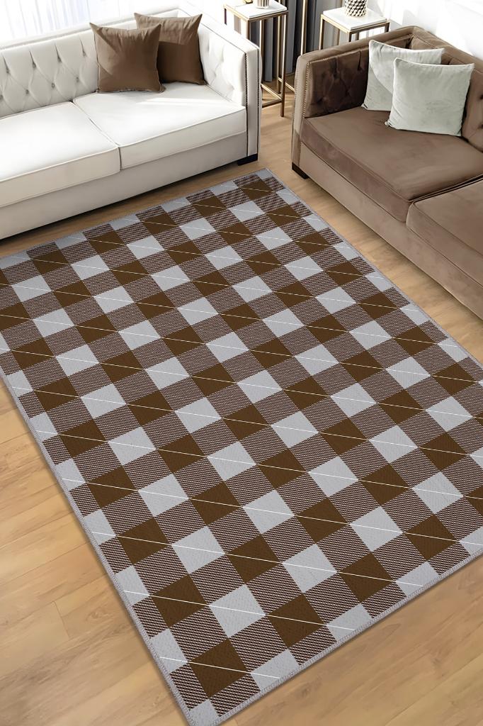 Homshtag Ekose Desenli Halı Kahverengi Gri Renk Salon Halısı Tasarım Halı Hasır Görünümlü Ekose Halı