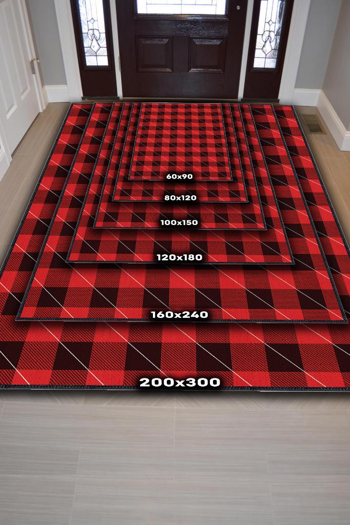Homshtag Ekose Desenli Halı Kırmızı Siyah Renk Salon Halısı Tasarım Halı Hasır Görünümlü Ekose Halı