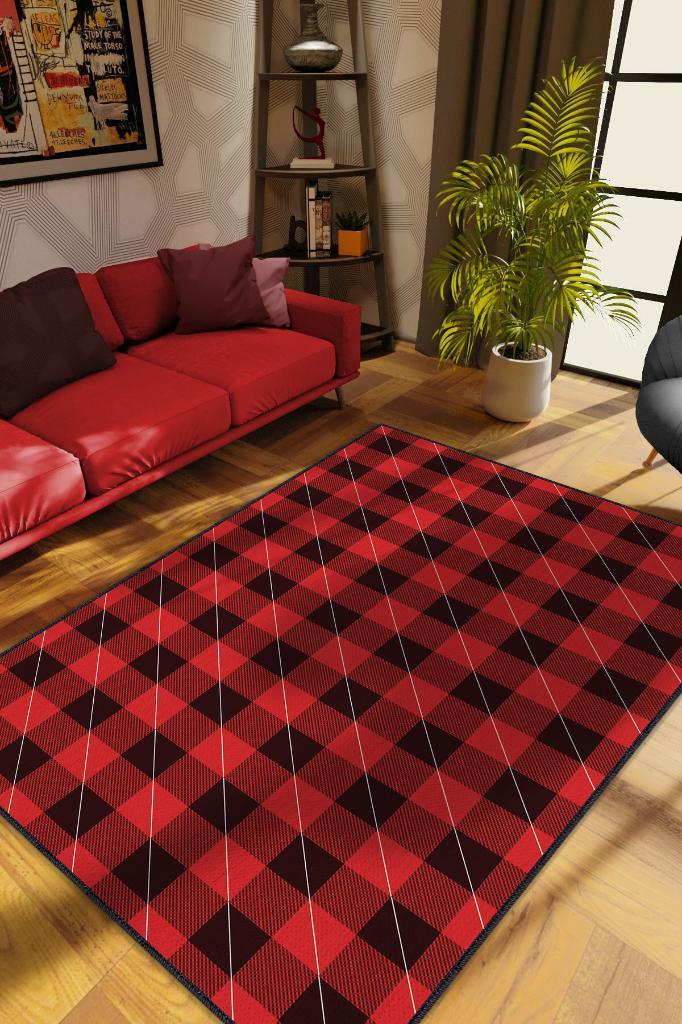Homshtag Ekose Desenli Halı Kırmızı Siyah Renk Salon Halısı Tasarım Halı Hasır Görünümlü Ekose Halı