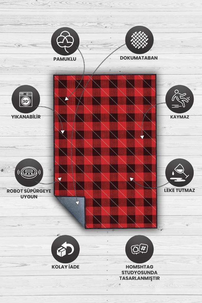 Homshtag Ekose Desenli Halı Kırmızı Siyah Renk Salon Halısı Tasarım Halı Hasır Görünümlü Ekose Halı