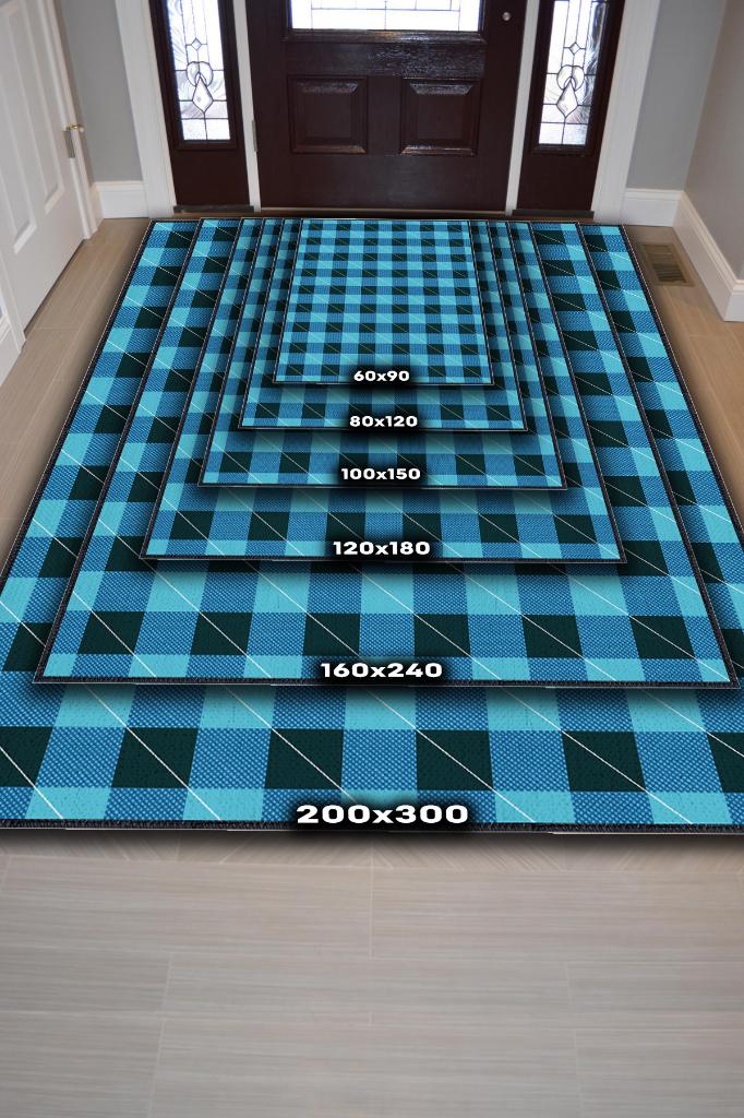 Homshtag Ekose Desenli Halı Mavi Siyah Renk Salon Halısı Tasarım Halı Hasır Görünümlü Ekose Halı