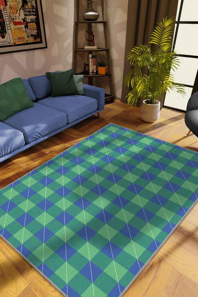 Homshtag Ekose Desenli Halı Mavi Yeşil Renk Salon Halısı Tasarım Halı Hasır Görünümlü Ekose Halı