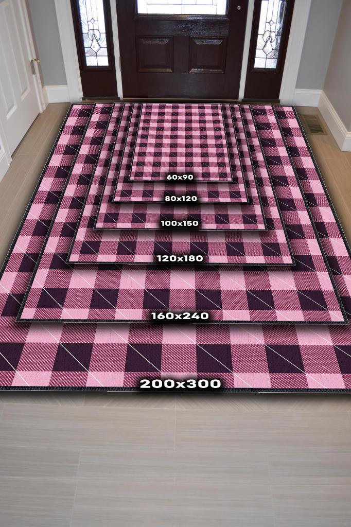 Homshtag Ekose Desenli Halı Pembe Siyah Renk Salon Halısı Tasarım Halı Hasır Görünümlü Ekose Halı