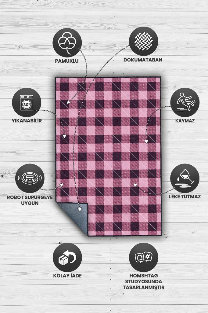 Homshtag Ekose Desenli Halı Pembe Siyah Renk Salon Halısı Tasarım Halı Hasır Görünümlü Ekose Halı