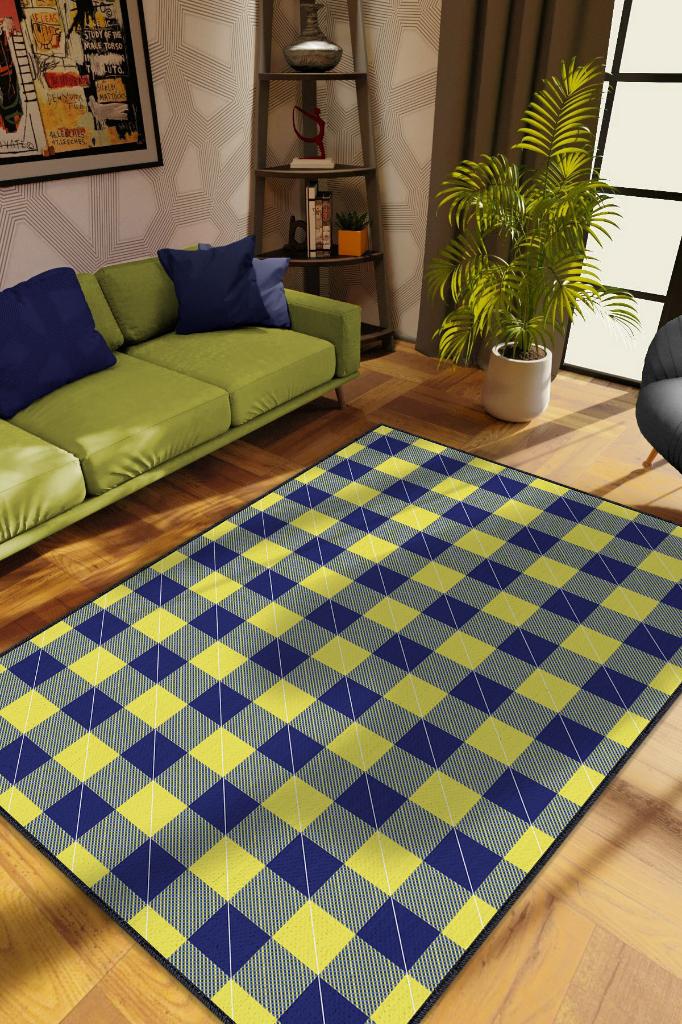 Homshtag Ekose Desenli Halı Sarı Lacivert Renk Salon Halısı Tasarım Halı Hasır Görünümlü Ekose Halı