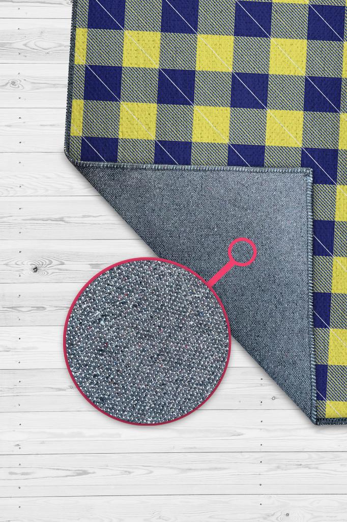 Homshtag Ekose Desenli Halı Sarı Lacivert Renk Salon Halısı Tasarım Halı Hasır Görünümlü Ekose Halı