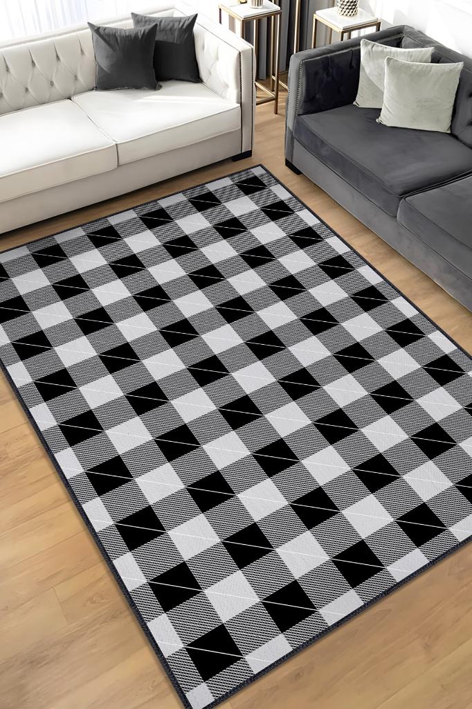 Homshtag Ekose Desenli Halı Siyah Beyaz Renkli Salon Halısı Tasarım Halı Hasır Görünümlü Ekose Halı